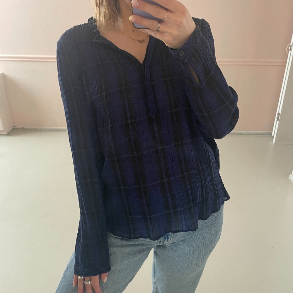 Rebecca Taylor Sheer Button Front Plaid Blouse Top Blue